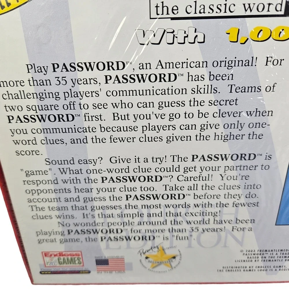 Password‎ Word Association Family Game Night 2003 4th Edition 12 and Up Sealed